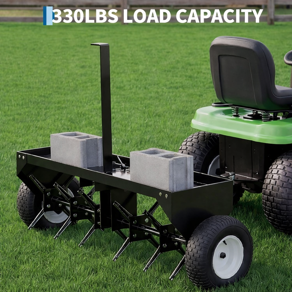 Garvee 40" Tow Behind Lawn Plug Aerator with Steel Tines, Adjustable Weight Tray, Steel Frame, Universal Hitch, Inflatable Wheels for Lawns and Gardens