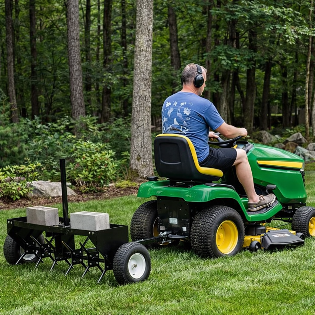 Garvee 40" Tow Behind Lawn Plug Aerator with Steel Tines, Adjustable Weight Tray, Steel Frame, Universal Hitch, Inflatable Wheels for Lawns and Gardens