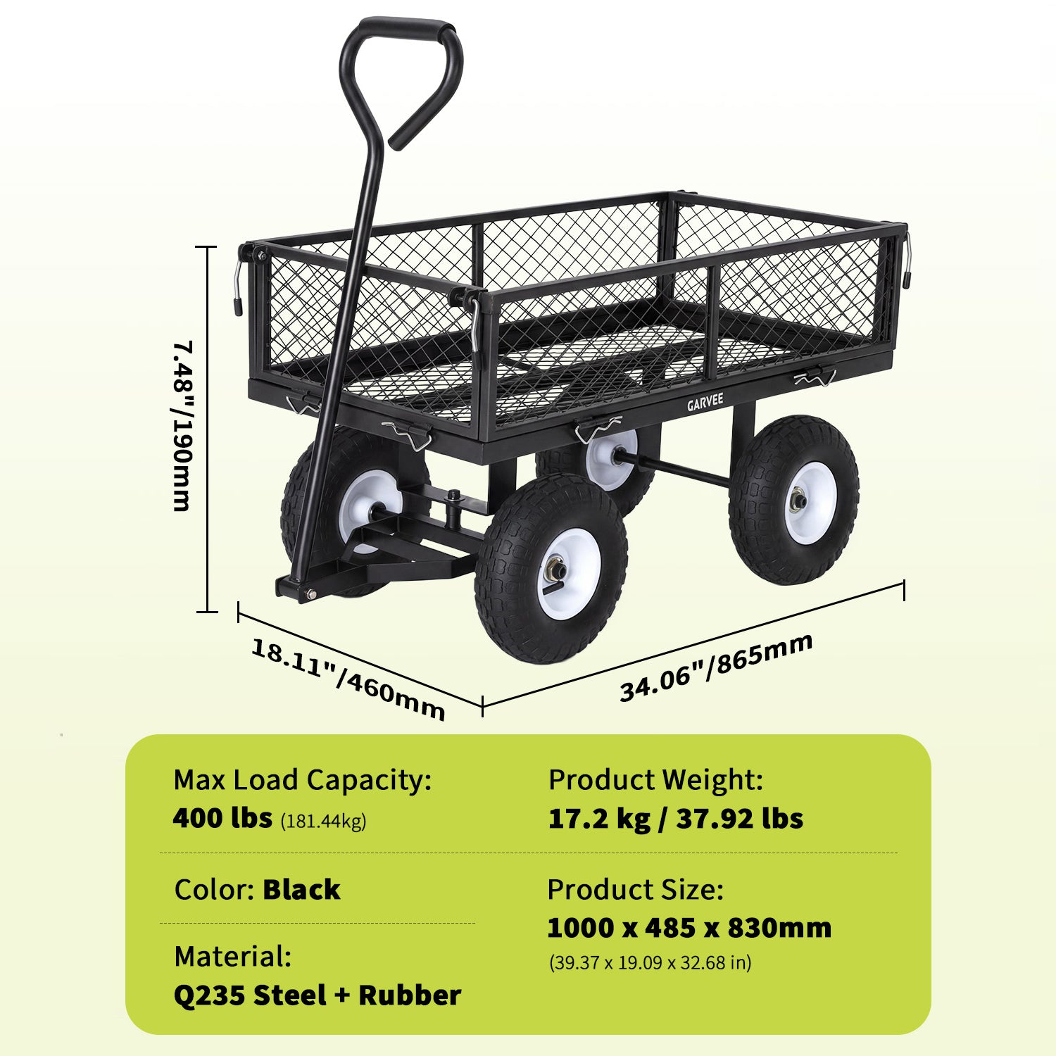 Garvee 400 lb Garden Cart Wagon, Heavy Duty Utility Cart with 10" Pneumatic Tires, Steel Frame, Removable Mesh Sides,Black