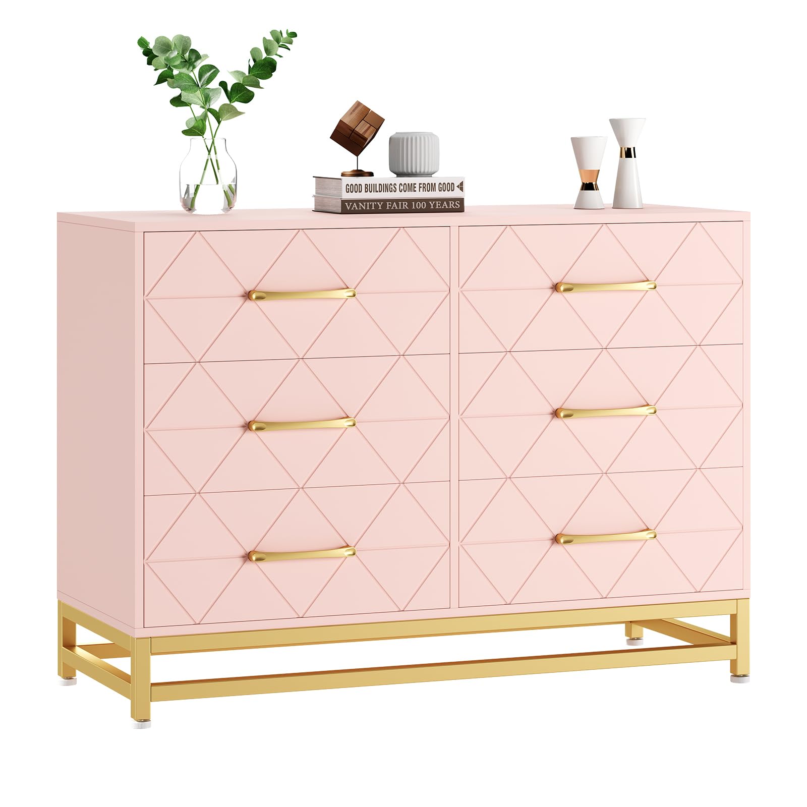 Garvee 6 Drawer Dresser for Bedroom, Wide Chest of Drawers Organizer Storage with Drawers, Large Storage Cabinet, Modern Design Dresser, Pink