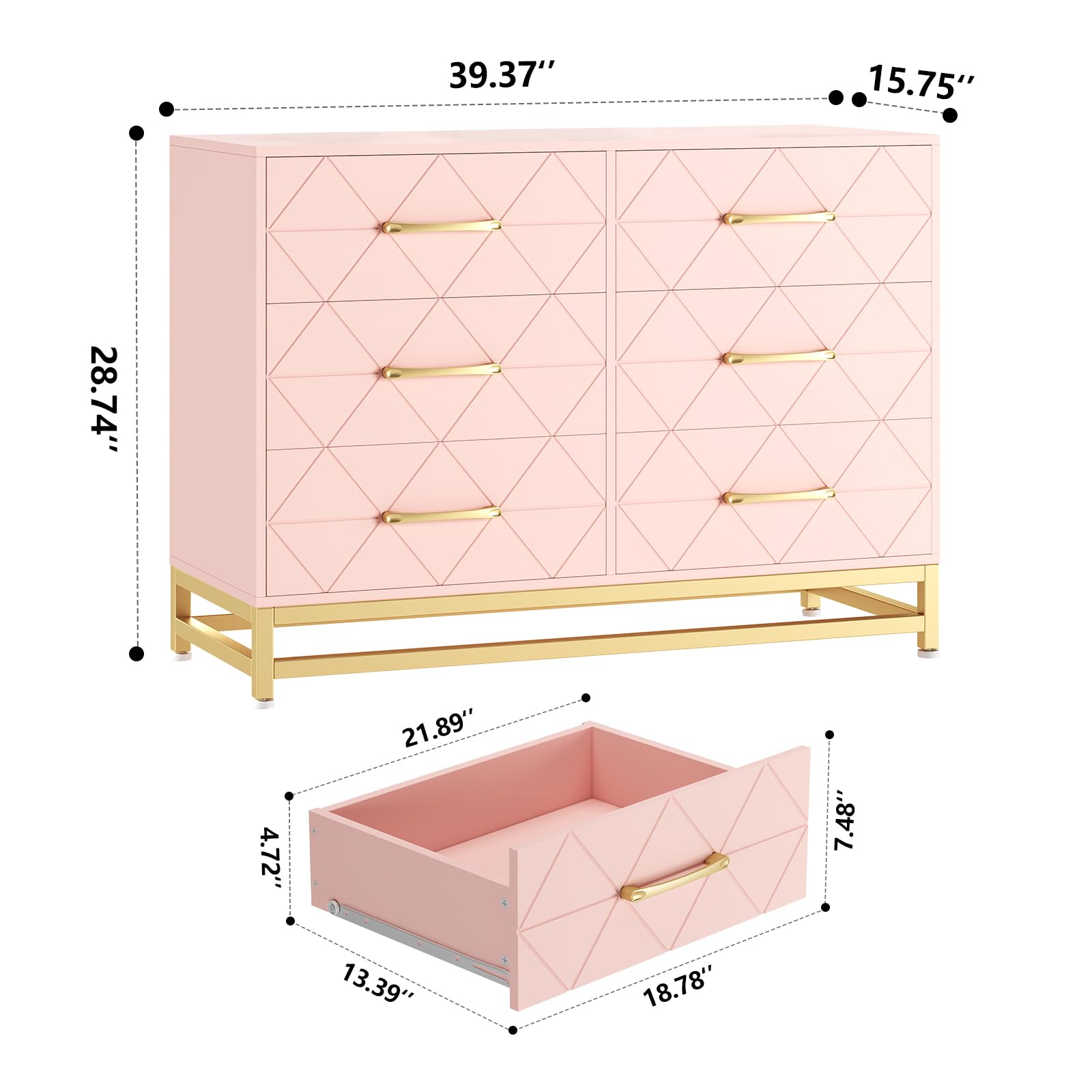 Garvee 6 Drawer Dresser for Bedroom, Wide Chest of Drawers Organizer Storage with Drawers, Large Storage Cabinet, Modern Design Dresser, Pink