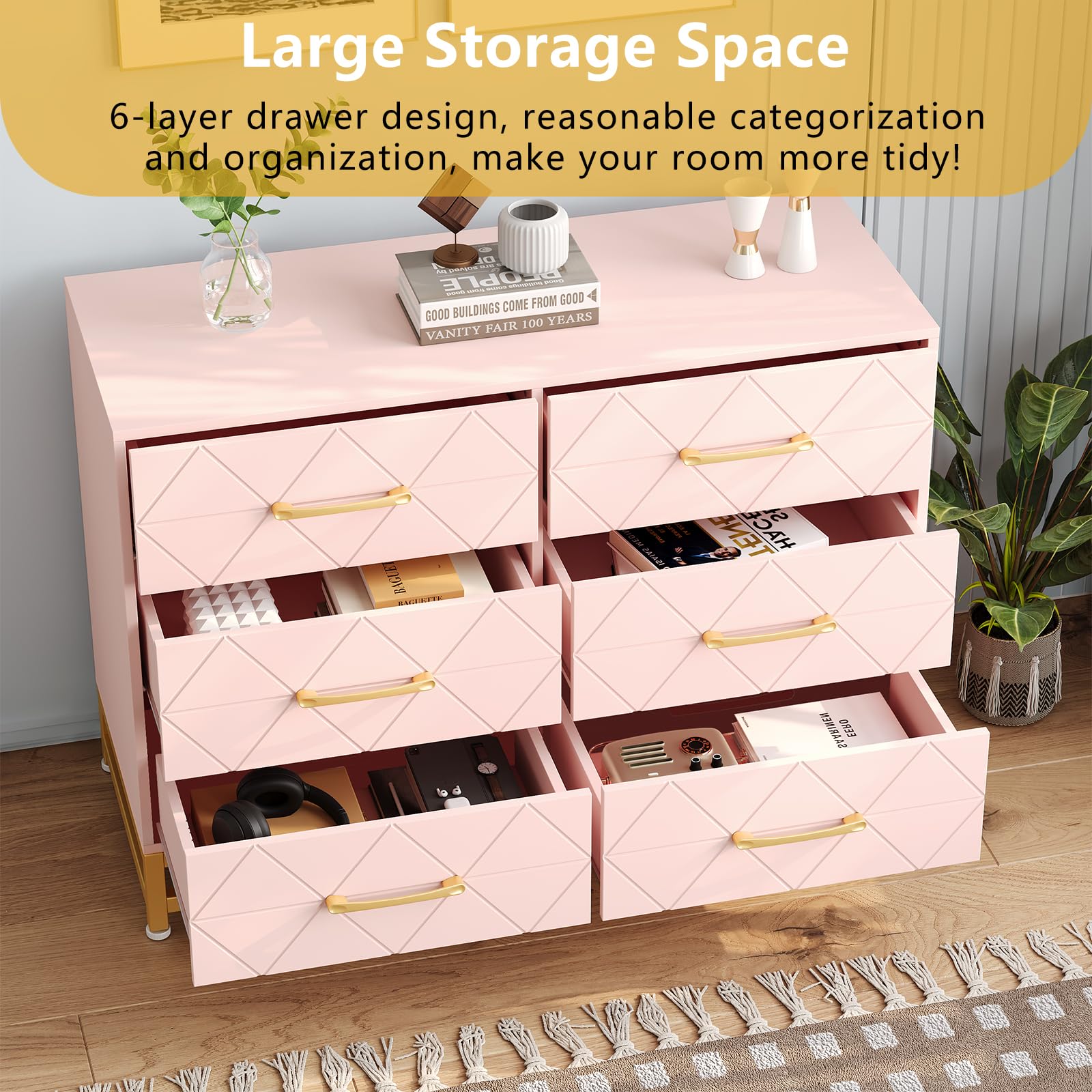 Garvee 6 Drawer Dresser for Bedroom, Wide Chest of Drawers Organizer Storage with Drawers, Large Storage Cabinet, Modern Design Dresser, Pink