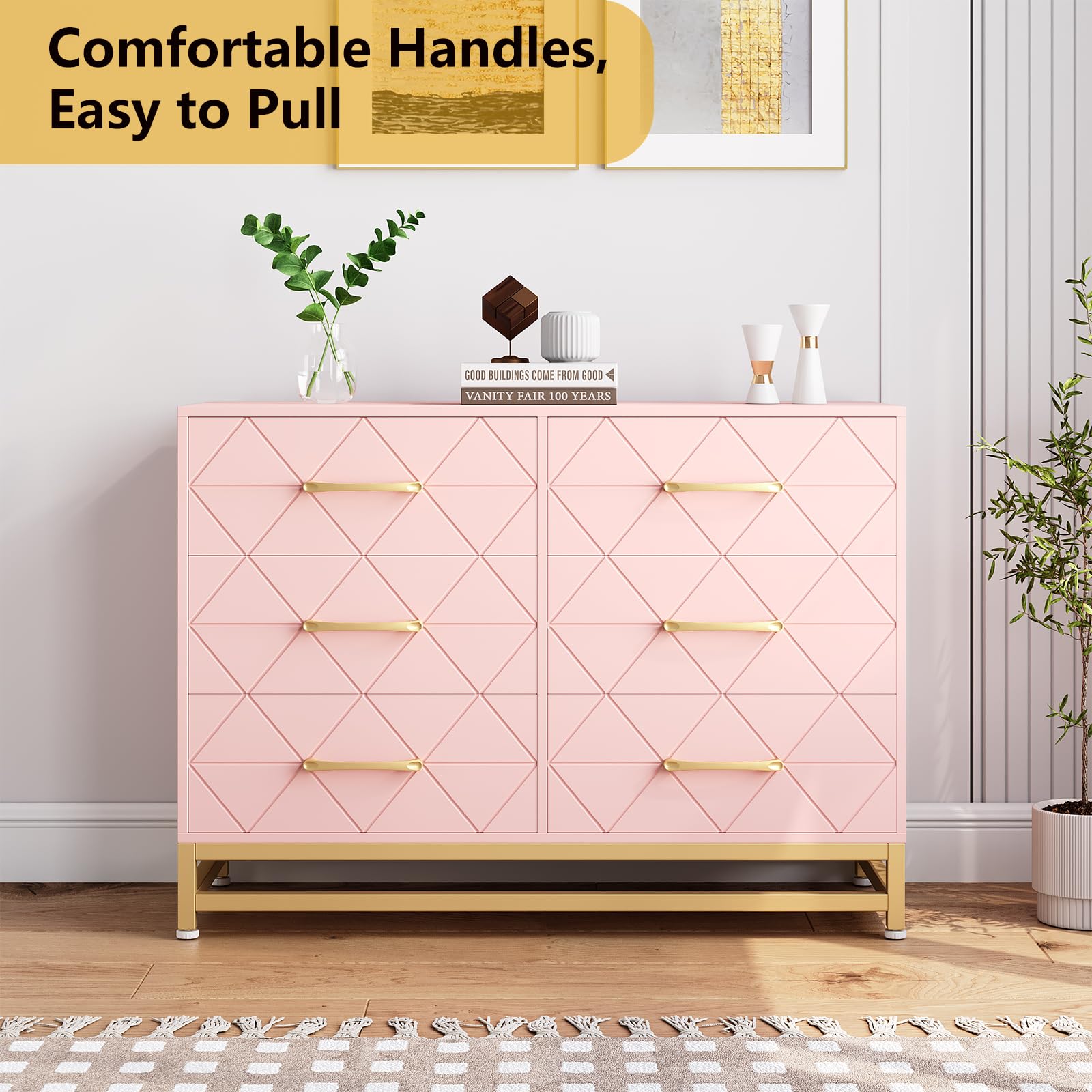 Garvee 6 Drawer Dresser for Bedroom, Wide Chest of Drawers Organizer Storage with Drawers, Large Storage Cabinet, Modern Design Dresser, Pink