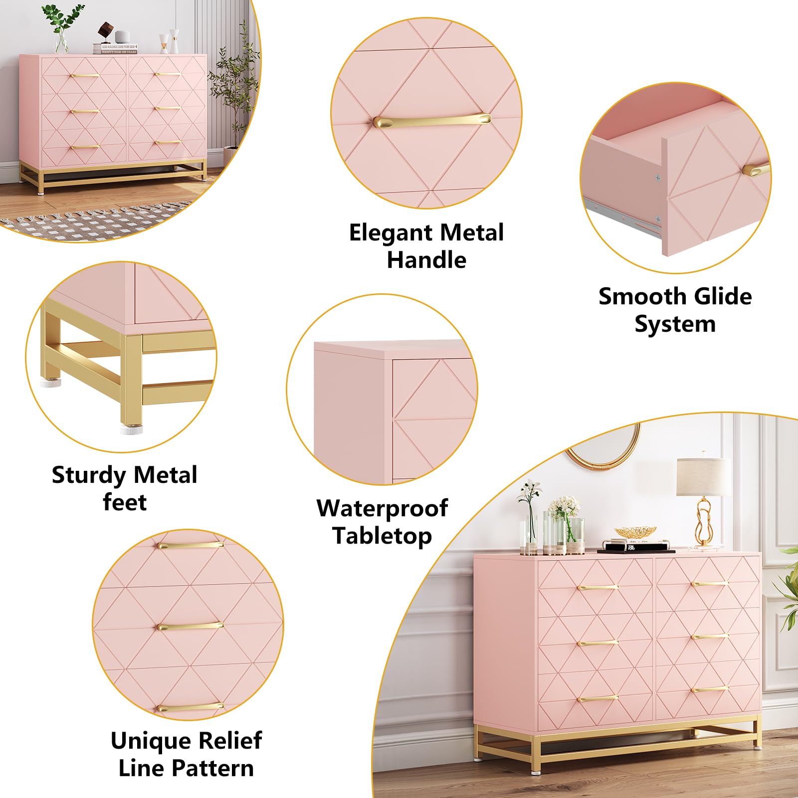 Garvee 6 Drawer Dresser for Bedroom, Wide Chest of Drawers Organizer Storage with Drawers, Large Storage Cabinet, Modern Design Dresser, Pink