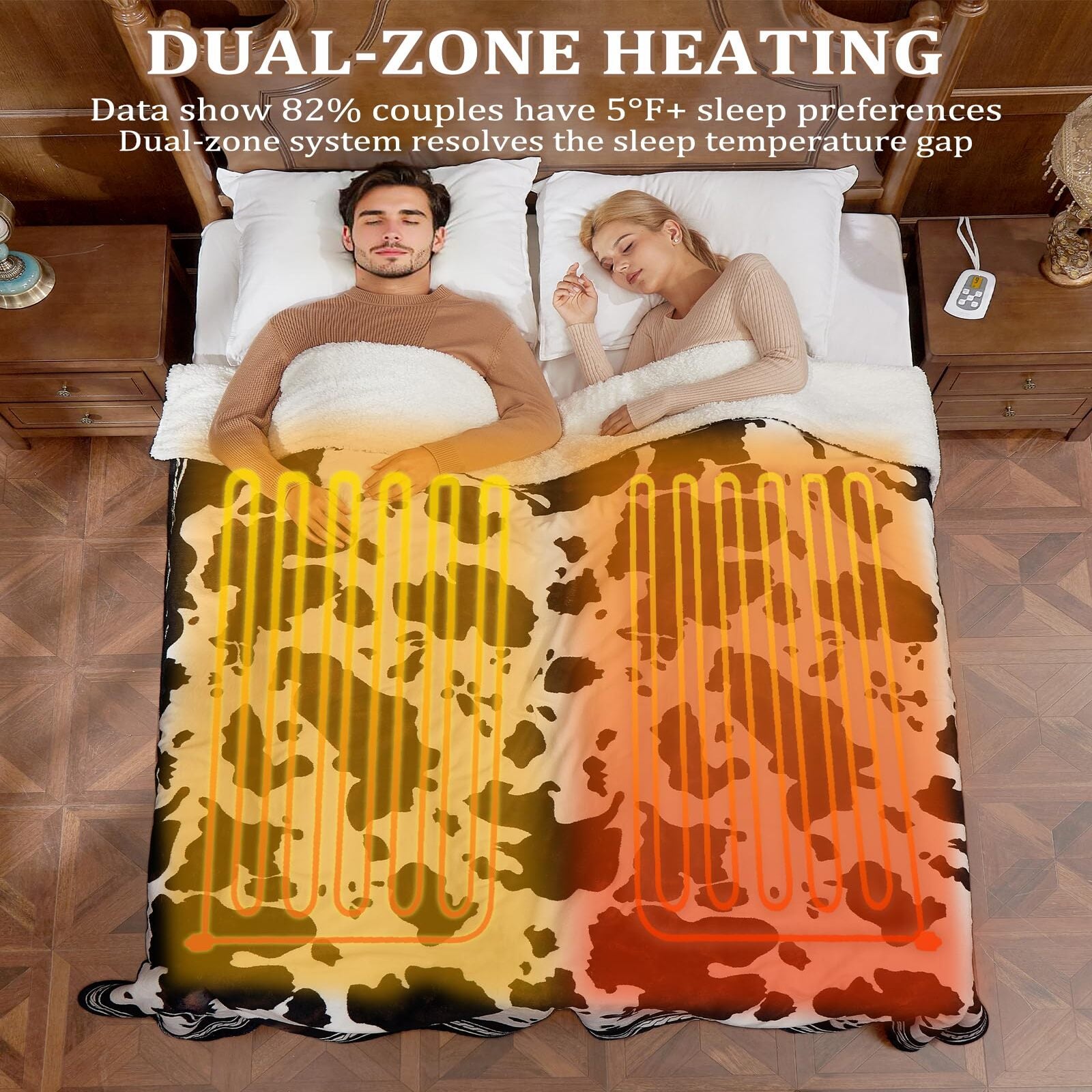 Garvee Heated Electric Blanket King Size with LCD Dual Controller, Cow Print Heating Blankets, 10 Heat Levels & 1-12H Time Settings, ETL Certified, Machine Washable, Brown White, 90" x 100"