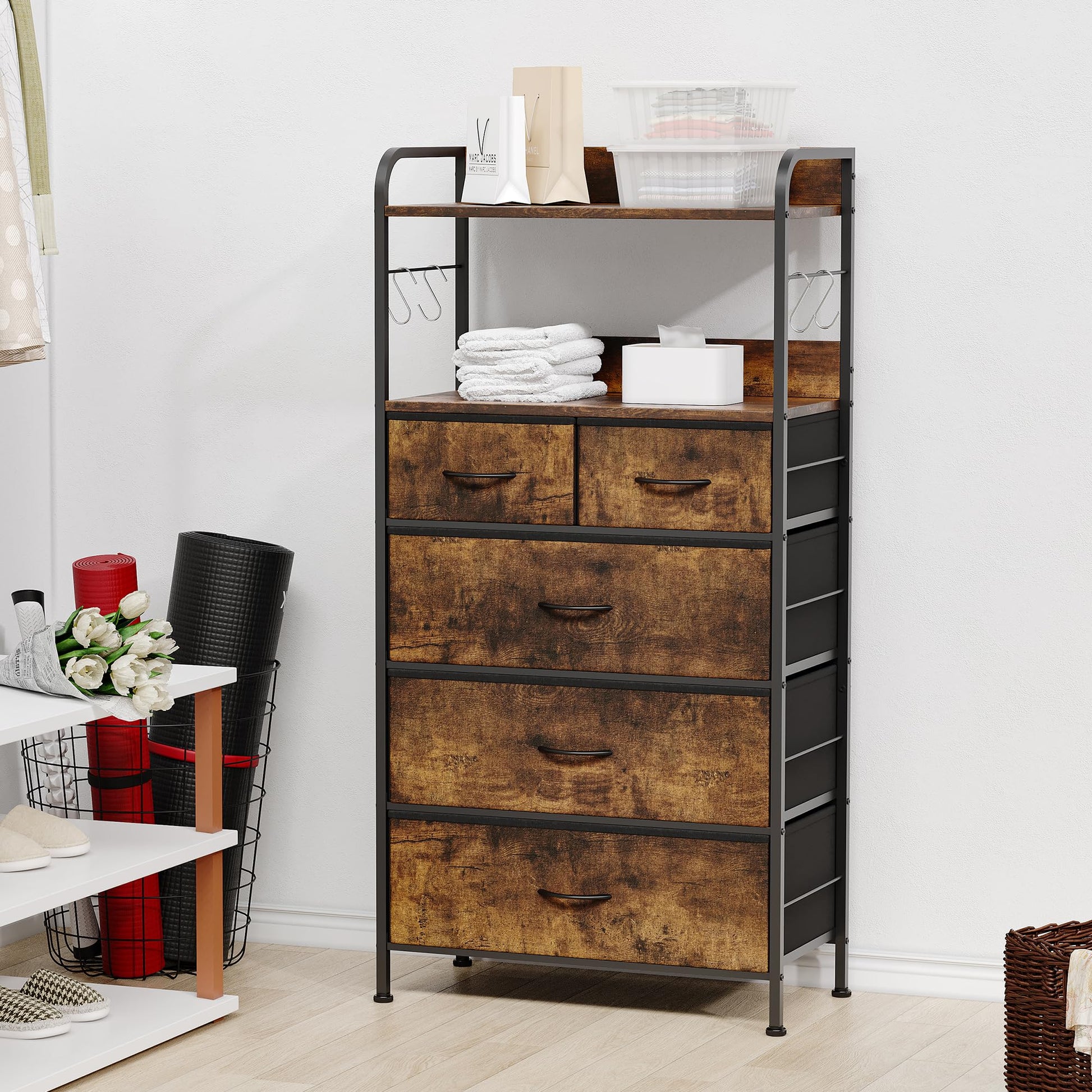 Garvee 5 Drawers Dresser for Bedroom with Shelf ,Chest of Drawers & Storage Drawers, Tall Fabric Storage Dresser for Living Room, Organizer Unit, Easy Assembly, Rustic Brown