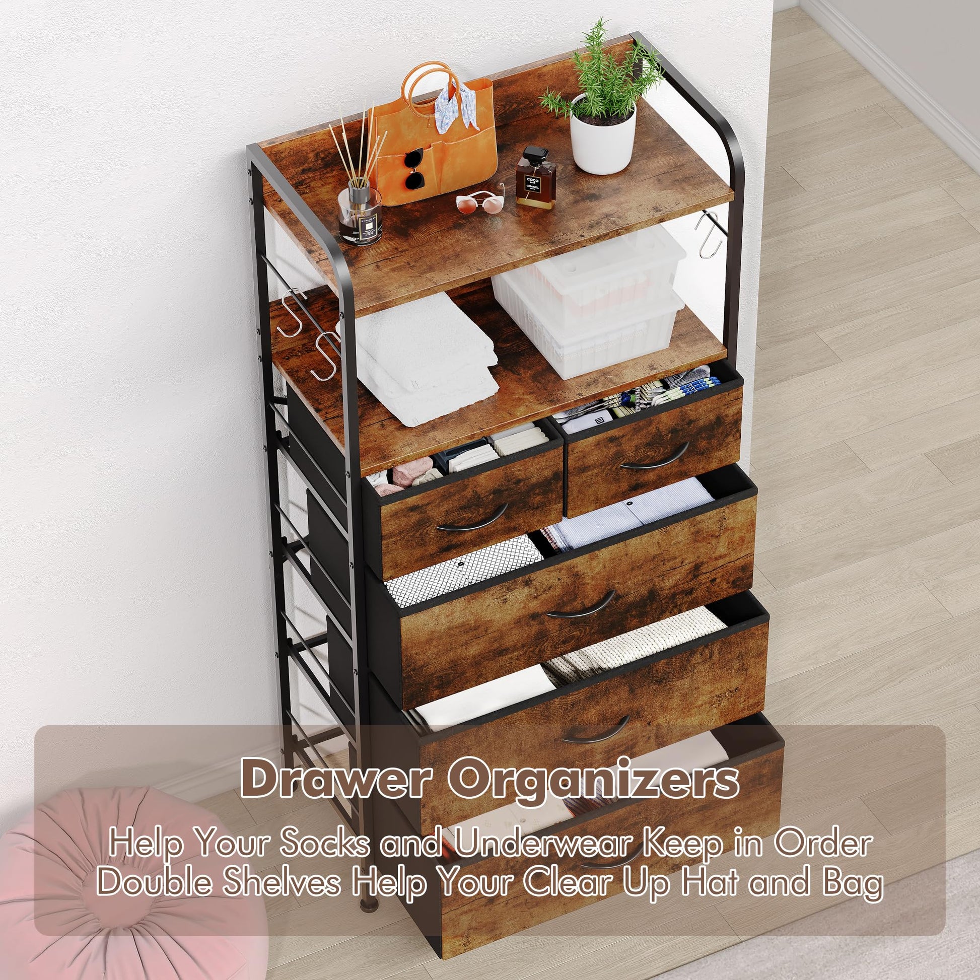 Garvee 5 Drawers Dresser for Bedroom with Shelf ,Chest of Drawers & Storage Drawers, Tall Fabric Storage Dresser for Living Room, Organizer Unit, Easy Assembly, Rustic Brown