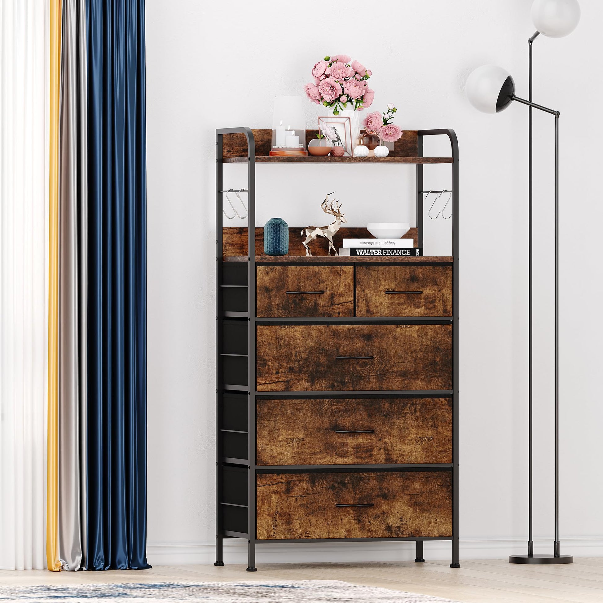 Garvee 5 Drawers Dresser for Bedroom with Shelf ,Chest of Drawers & Storage Drawers, Tall Fabric Storage Dresser for Living Room, Organizer Unit, Easy Assembly, Rustic Brown