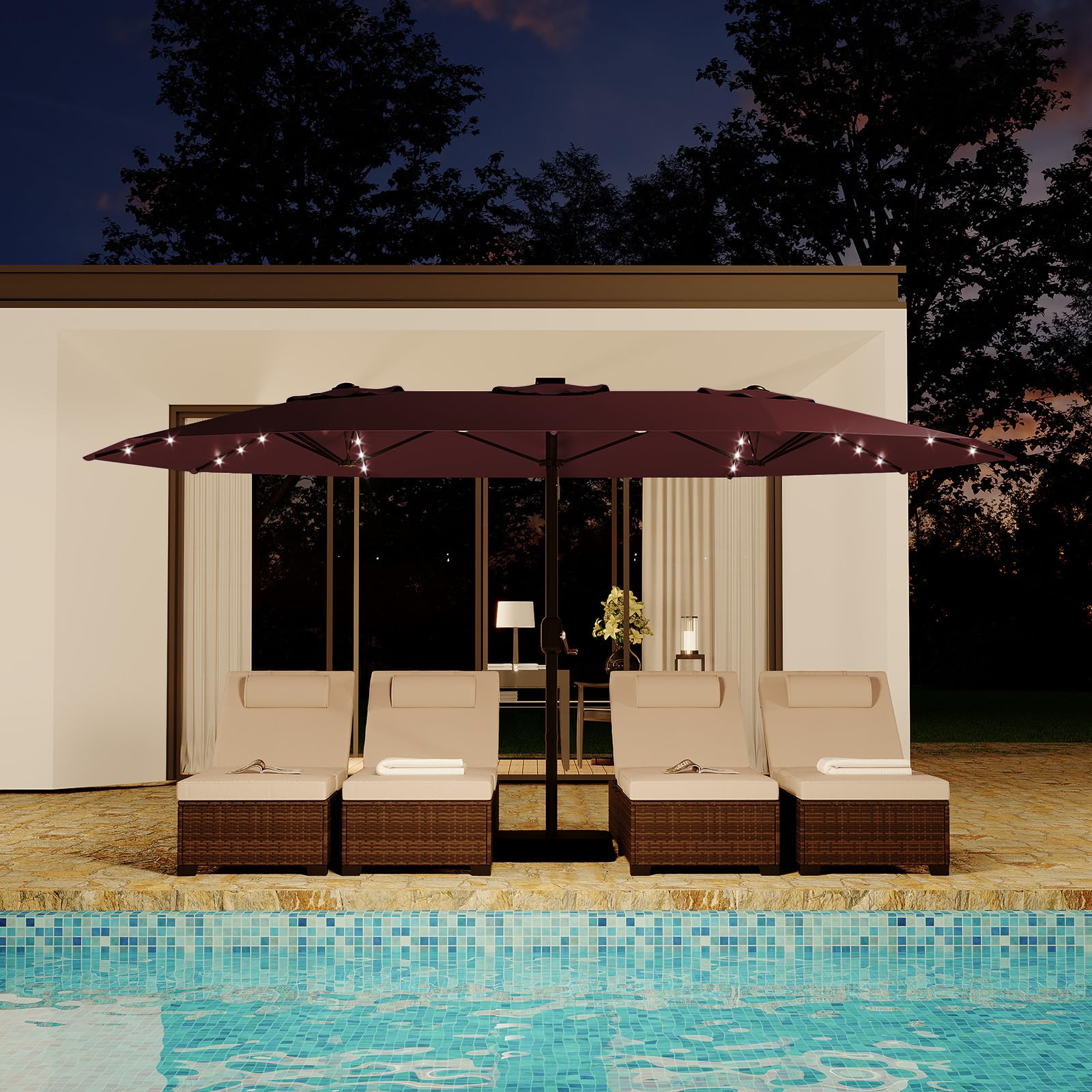 Garvee 15 × 9 ft Solar Patio Umbrella, Double-Sided Outdoor Umbrella with 36 LED Lights, Crank Lift, Cross Base & Sandbags for Patio, Poolside and Backyard, Wine Red