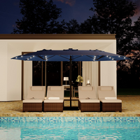 Garvee 15' × 9' Double-Sided Patio Umbrella with Base, 36 Solar LED Lights, Crank Lift & 12 Steel Ribs, Navy Blue