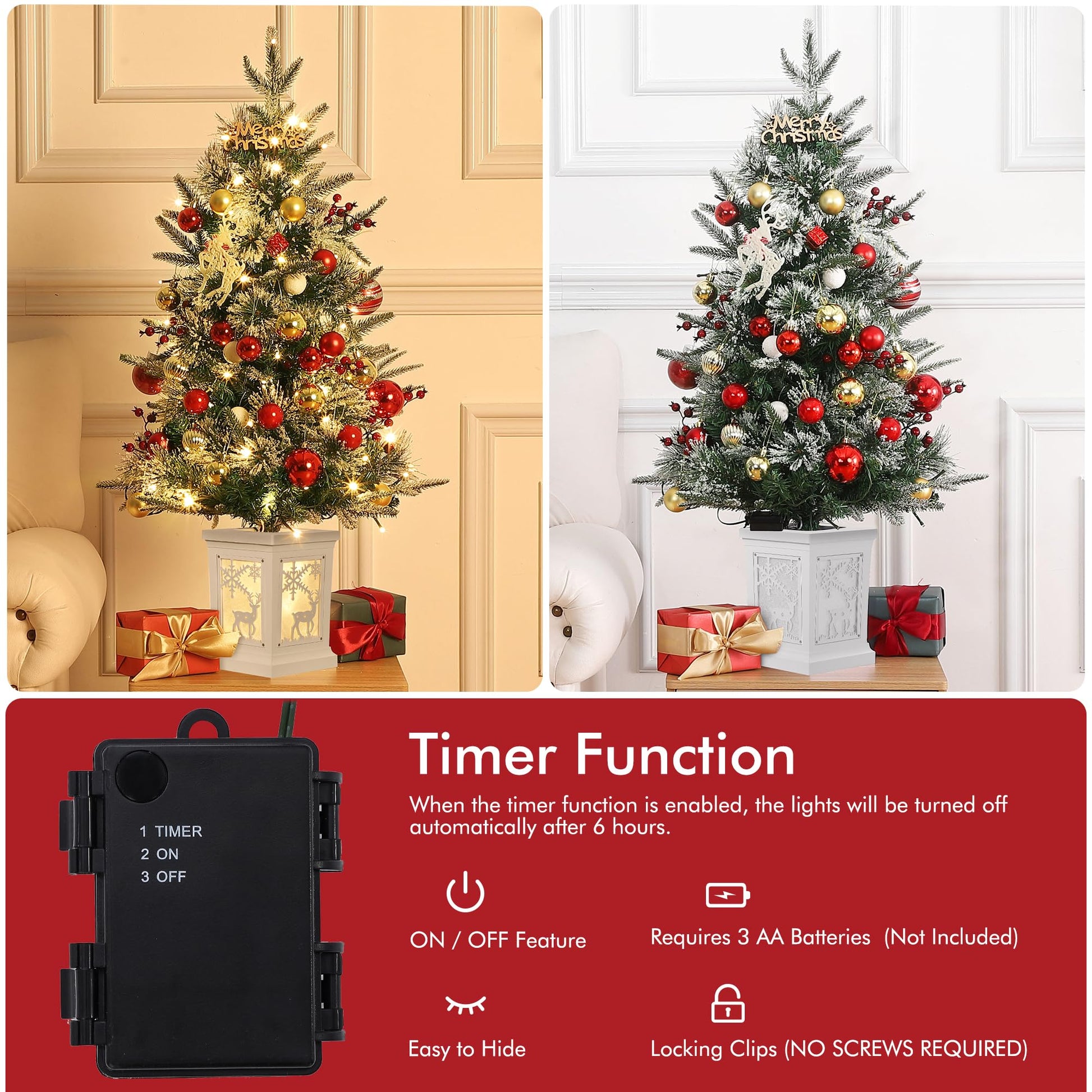 Garvee 3ft Pre-Lit Christmas Tree, Small Lighted Christmas Tree with Lighting Elk Base, Artificial Xmas Trees with 78 LED Lights & 8 Lighting Modes Christmas Decoration for Home, Office, Set of 2