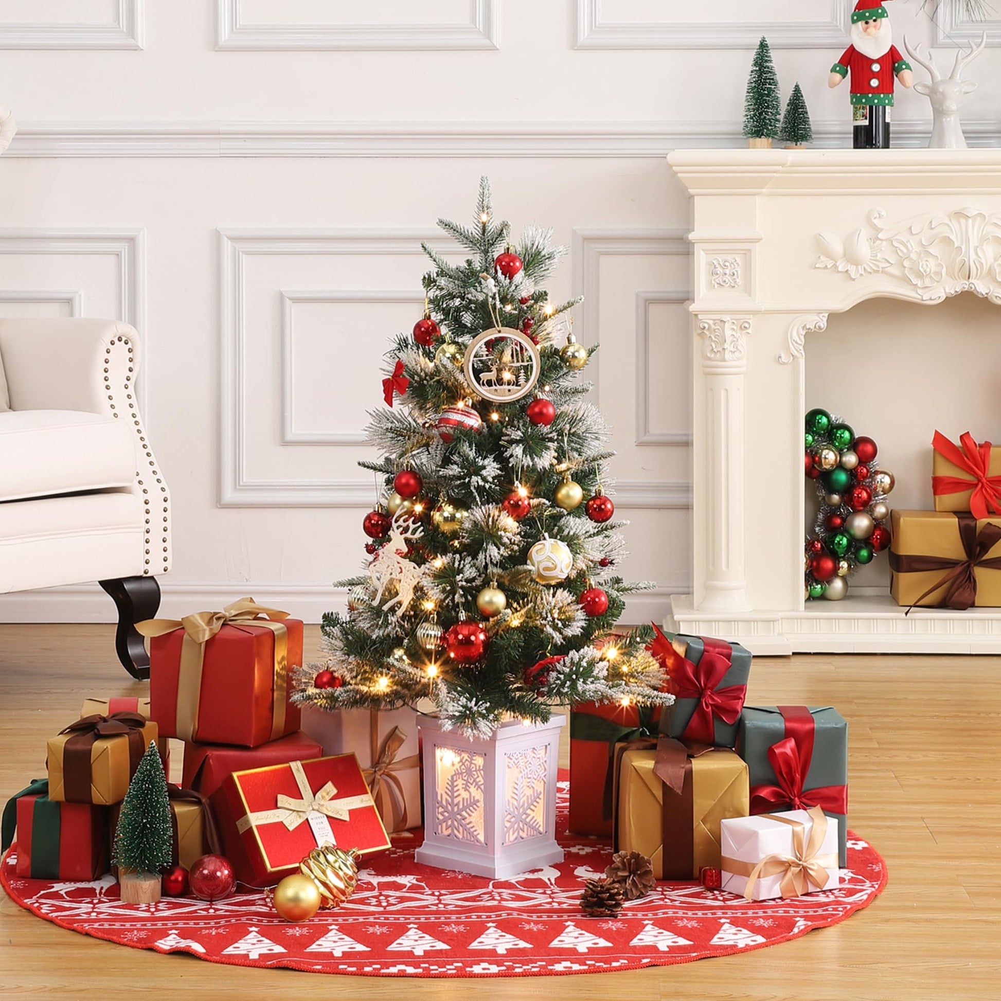 Garvee 3ft Mini Christmas Tree, 2 Set Pre-Lit Artificial Tree with 78 Lights, Tabletop Christmas Tree with 8 Lighting Modes, Snow Flocked Xmas Tree with Snowflake Base, Battery Operated