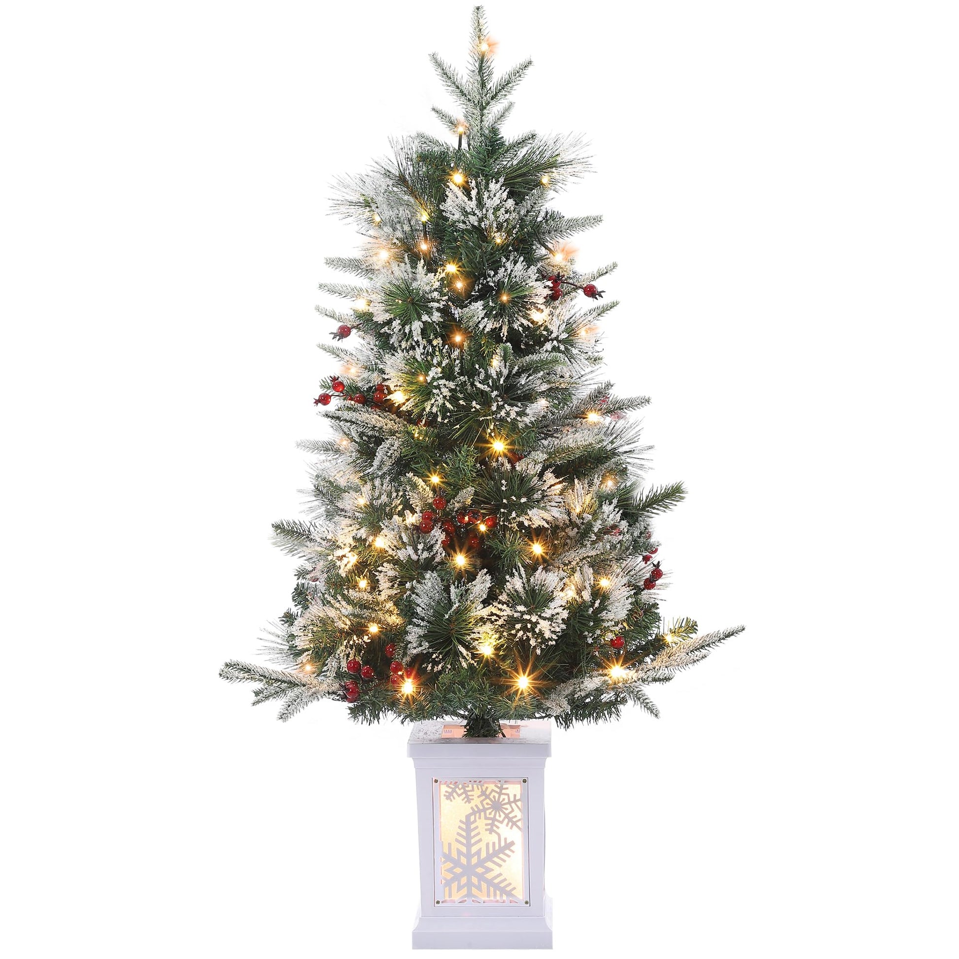 Garvee 3FT Prelit Artificial Christmas Tree with Snowflake Light Box Base, 78 Warm Lights & Red Berry for Front Door, Porch, Entryway, Fireside Christmas Decoration, Set of 1