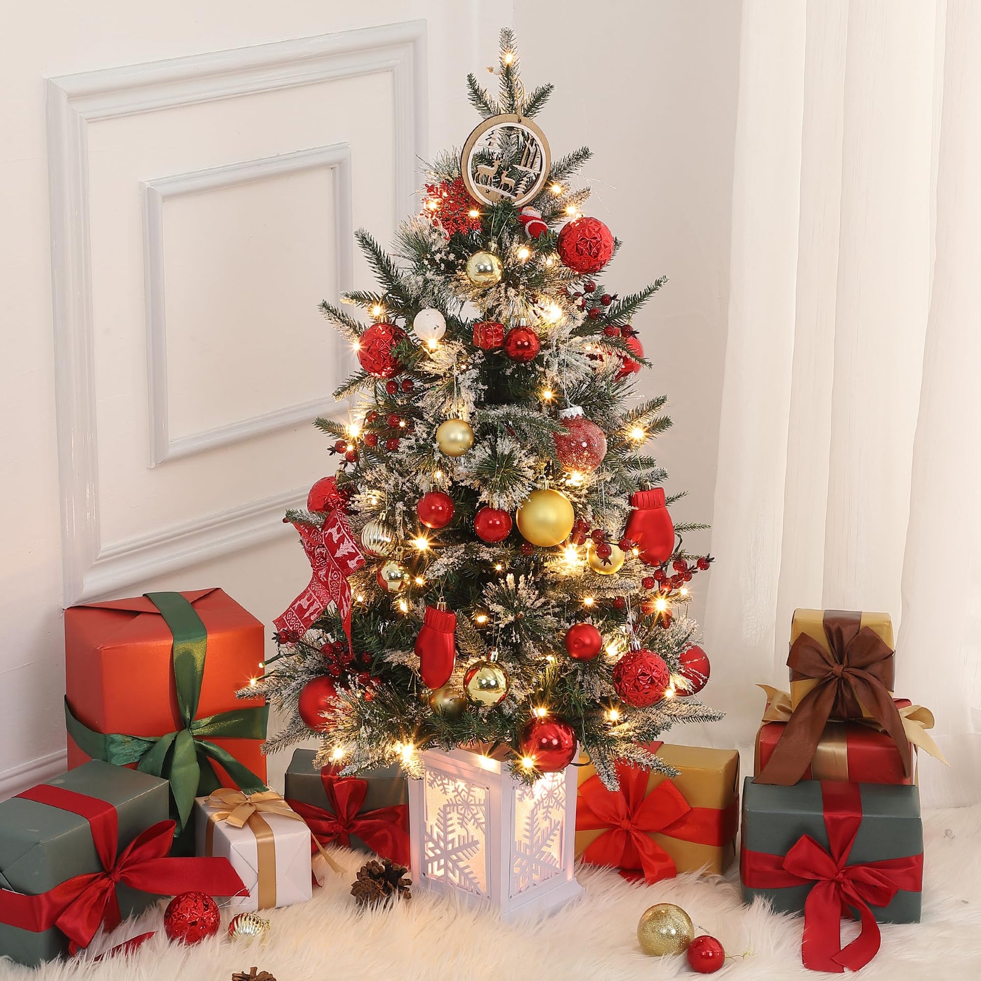 Garvee 3FT Prelit Artificial Christmas Tree with Snowflake Light Box Base, 78 Warm Lights & Red Berry for Front Door, Porch, Entryway, Fireside Christmas Decoration, Set of 1