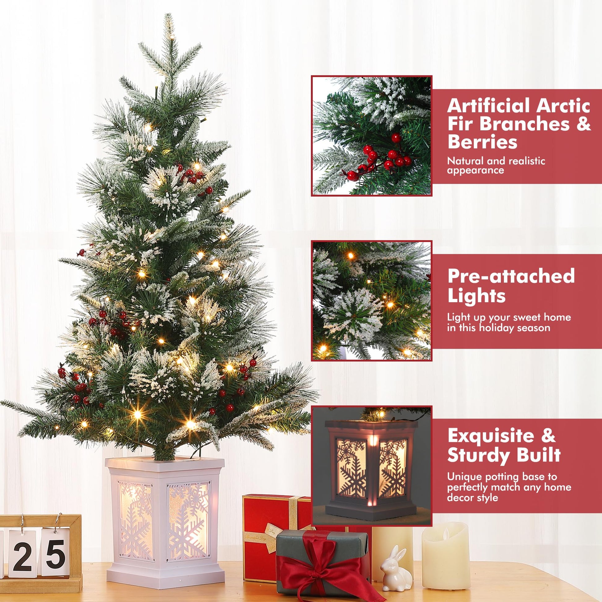 Garvee 3FT Prelit Artificial Christmas Tree with Snowflake Light Box Base, 78 Warm Lights & Red Berry for Front Door, Porch, Entryway, Fireside Christmas Decoration, Set of 1