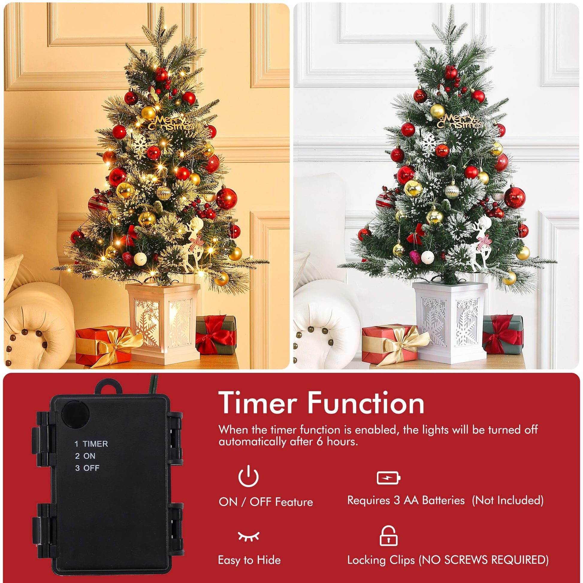 Garvee 3FT Prelit Artificial Christmas Tree with Snowflake Light Box Base, 78 Warm Lights & Red Berry for Front Door, Porch, Entryway, Fireside Christmas Decoration, Set of 1