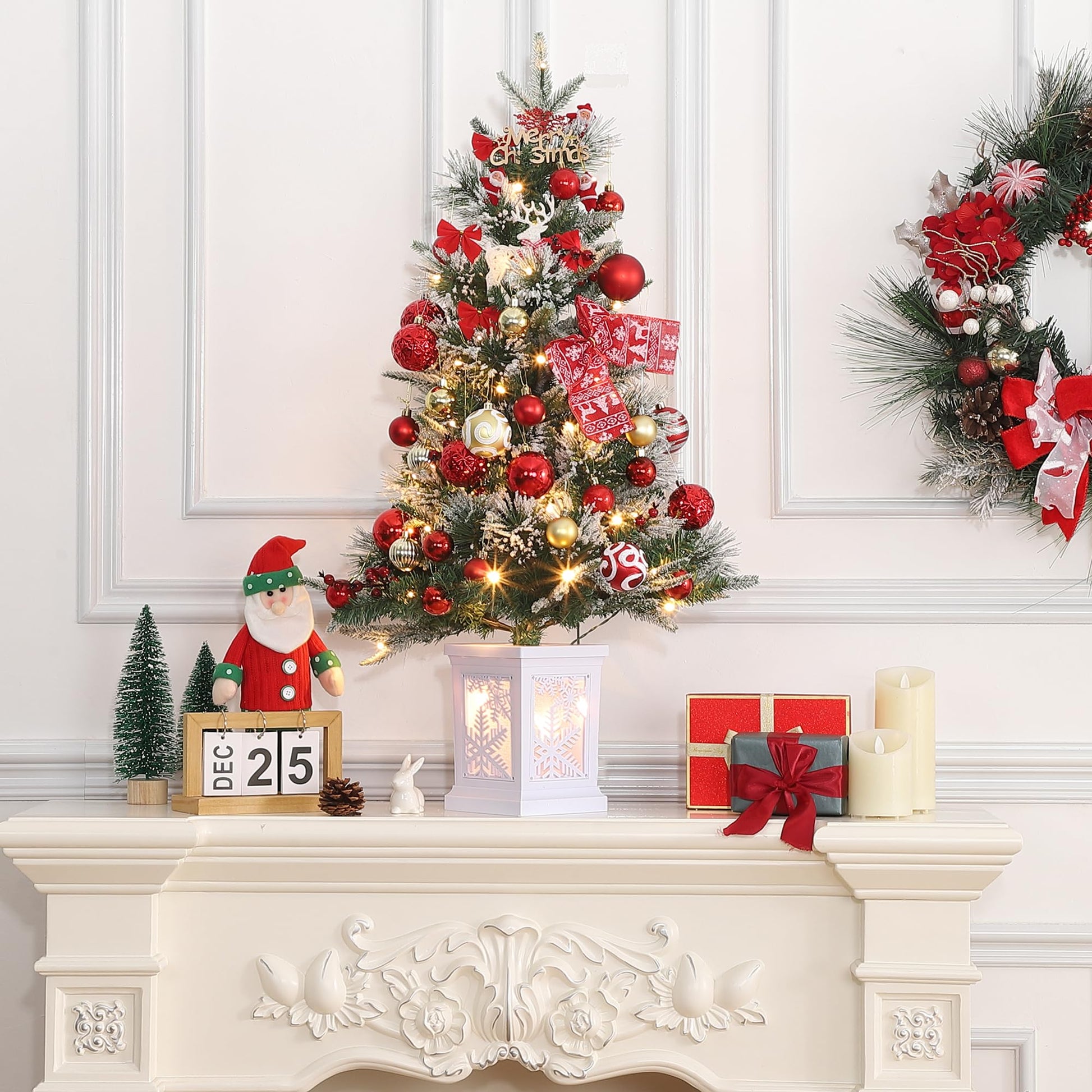 Garvee 3FT Prelit Artificial Christmas Tree with Snowflake Light Box Base, 78 Warm Lights & Red Berry for Front Door, Porch, Entryway, Fireside Christmas Decoration, Set of 1