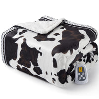 Garvee Heated Electric Blanket Full Size, Cow Print Fast Heating Throw Blankets with LCD Controller, 10 Heat Levels & 1-12H Time Settings Auto Off, ETL Certified, Brown White, 72" x 84"
