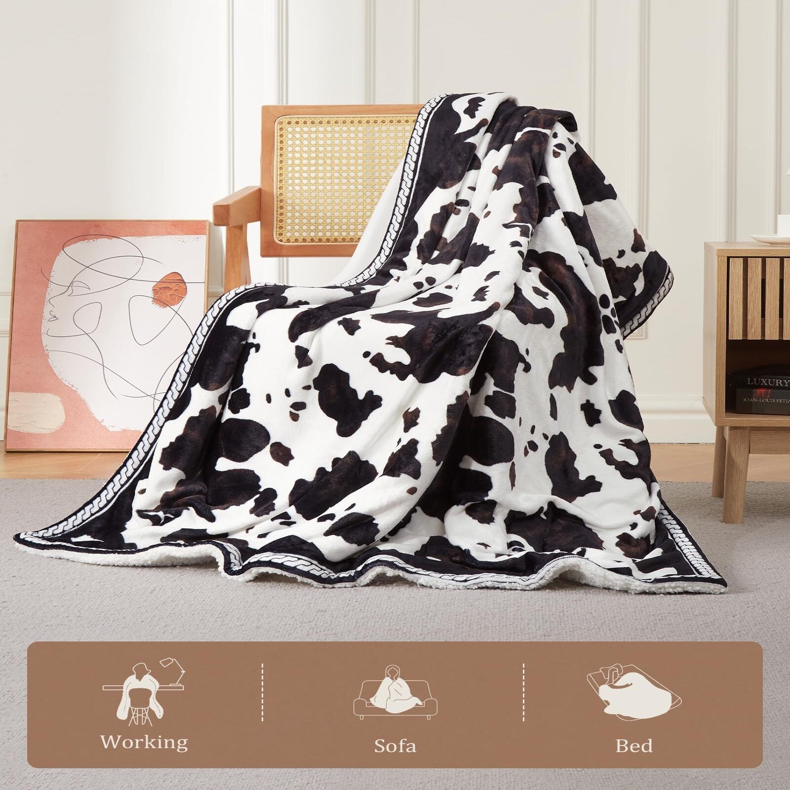 Garvee Heated Electric Blanket Full Size, Cow Print Fast Heating Throw Blankets with LCD Controller, 10 Heat Levels & 1-12H Time Settings Auto Off, ETL Certified, Brown White, 72" x 84"