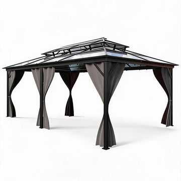Garvee 12' × 20' Hardtop Gazebo, Double Polycarbonate Roof Aluminum Frame Patio Gazebo with Curtains & Netting, Grey