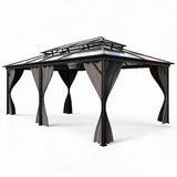Garvee 12' × 20' Hardtop Gazebo, Double Polycarbonate Roof Aluminum Frame Patio Gazebo with Curtains & Netting, Grey - Grey