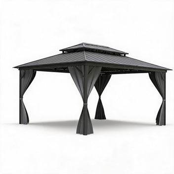 Garvee 12'×16' Hardtop Gazebo, Double Metal Roof Aluminum Frame Patio Gazebo with Curtains & Netting, Grey