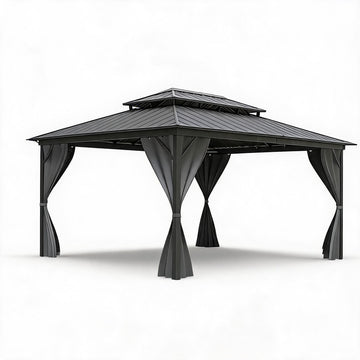 Garvee 12'×16' Hardtop Gazebo, Double Metal Roof Aluminum Frame Patio Gazebo with Curtains & Netting, Grey