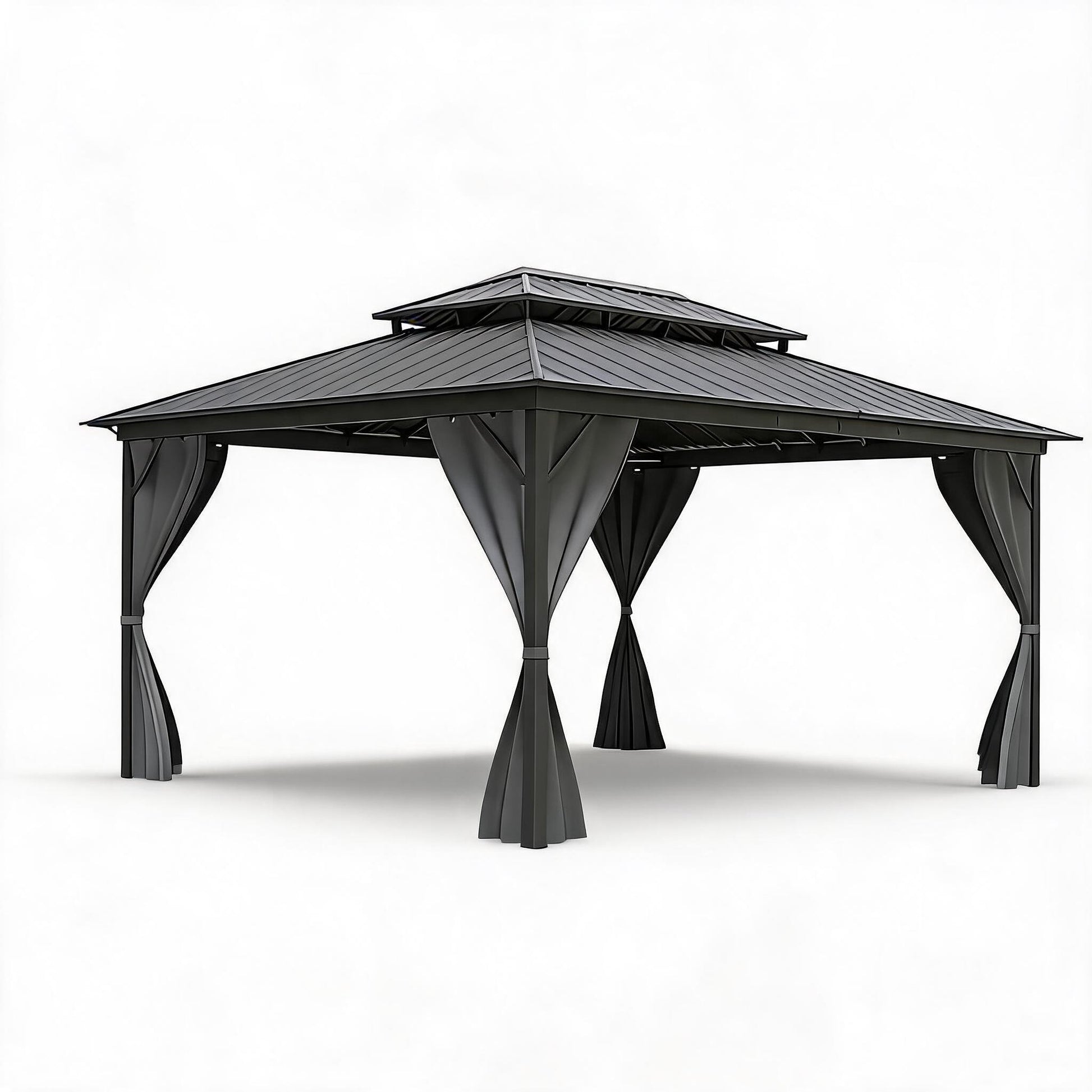 Garvee 12'×16' Hardtop Gazebo, Double Metal Roof Aluminum Frame Patio Gazebo with Curtains & Netting, Grey