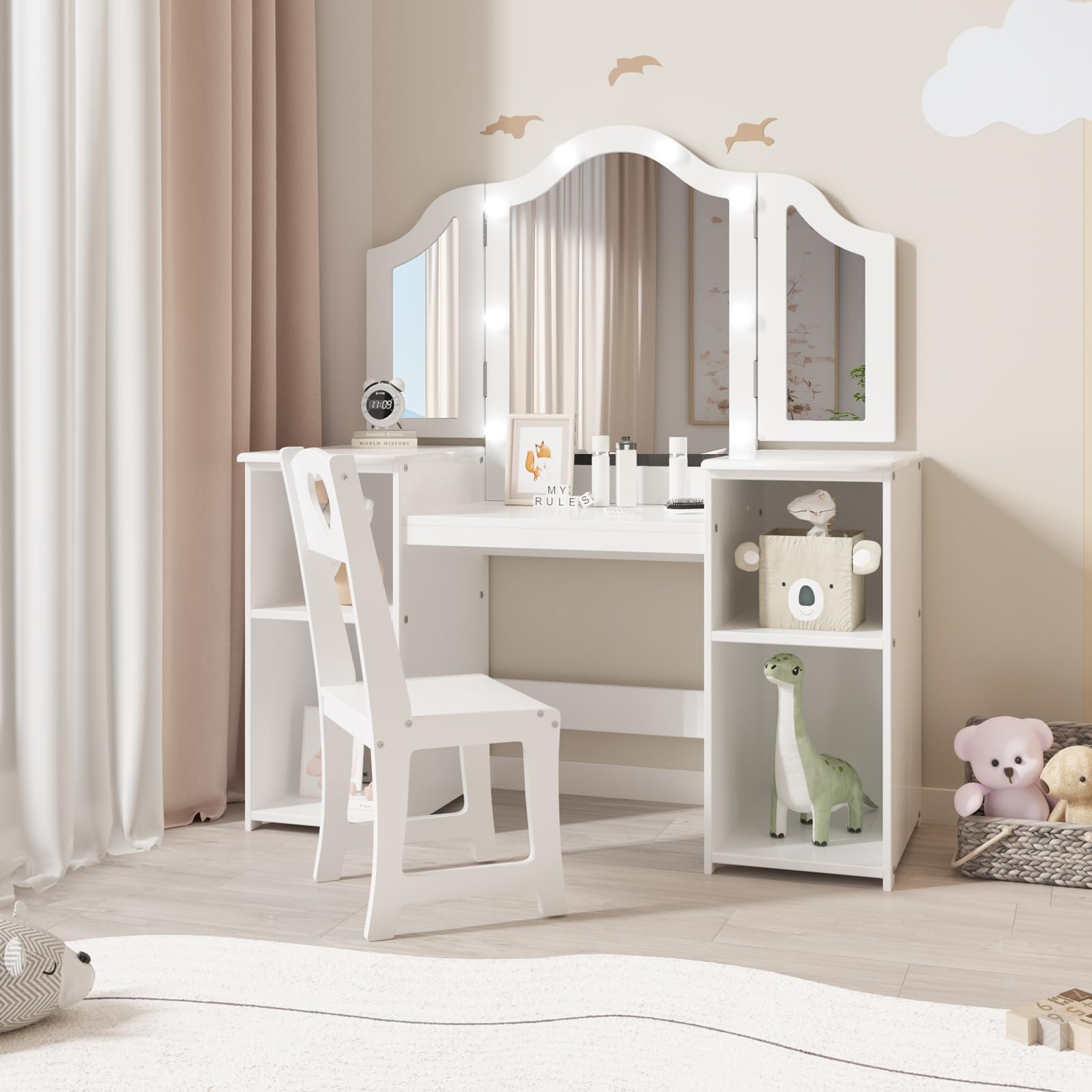 Garvee Kids Vanity Table, Girls 2 in 1 Princess Makeup Desk with Touch Light Detachable Tri-Folding Mirror, Open Storage Shelves, Wood Makeup Playset with Chair, Princess Vanity Table for Little Girls
