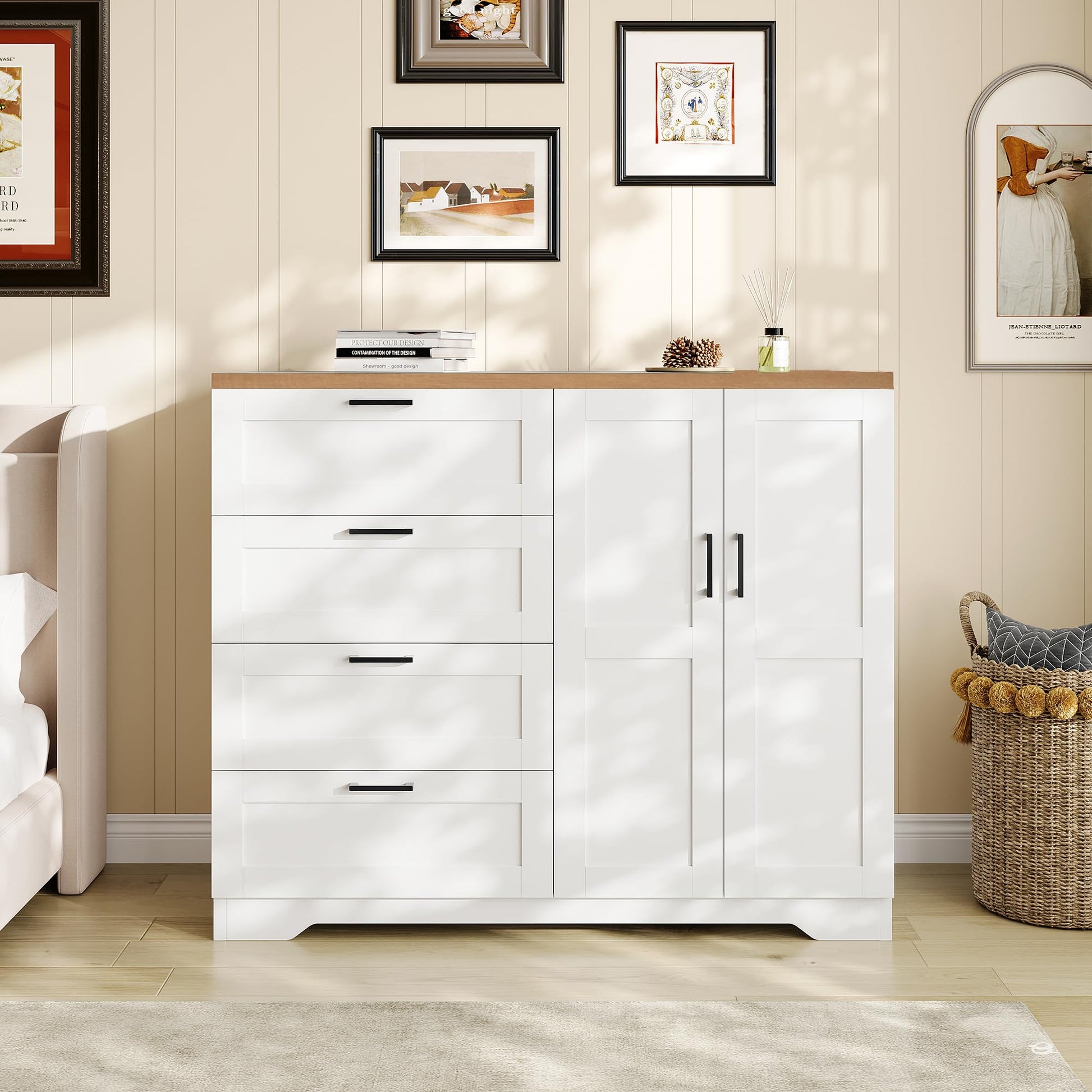Garvee Multifunctional Wooden Dresser for Bedroom, 43.3'' H 2 Door Wardrobe Armoire Closet with 4 Drawers and Hanging Rod, Low Storage Cabinet for Hanging Cloth, White and Brown