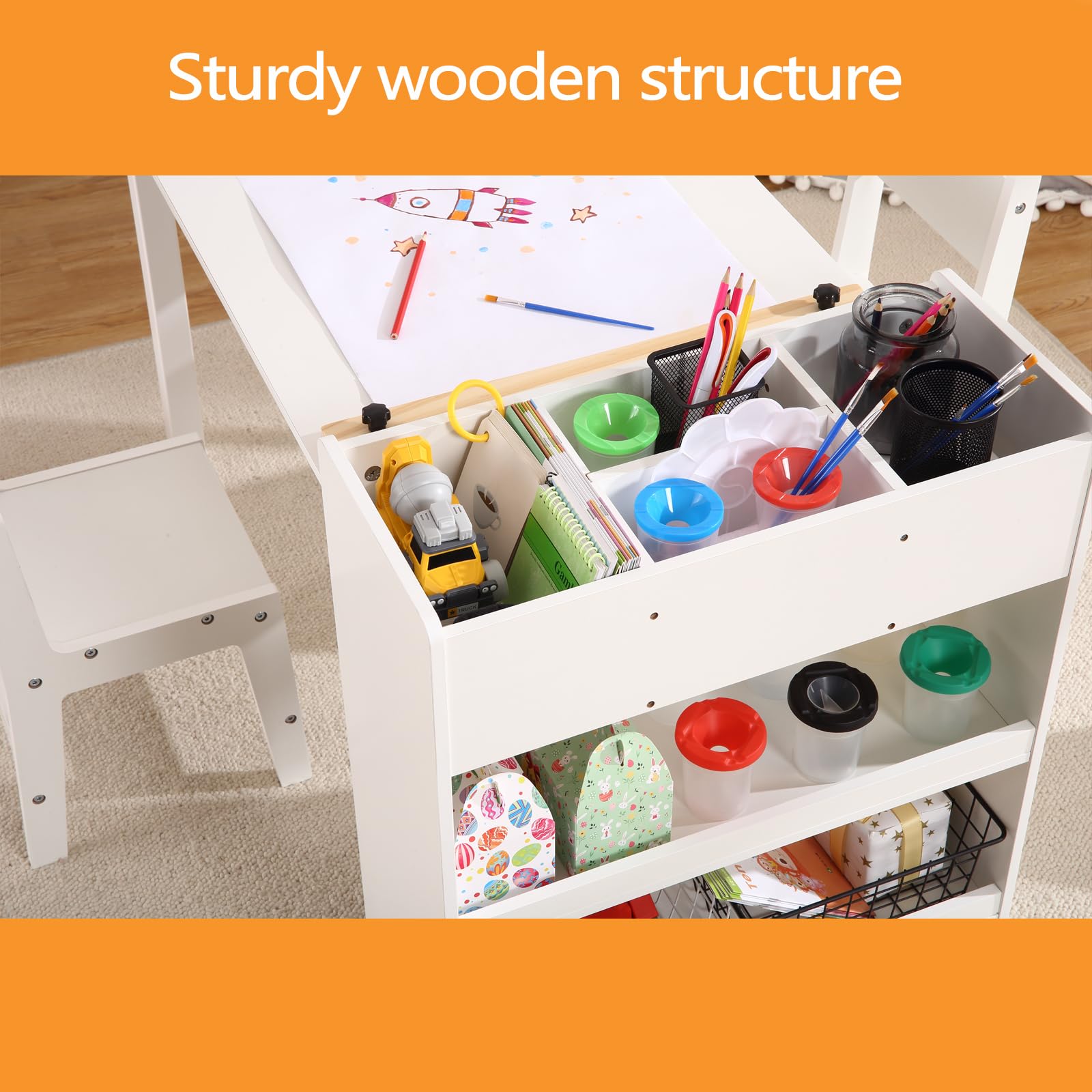 Garvee Kids Art Table with 2 Chairs, Toddler Craft Play Wood Activity Desk with Large Storage Shelves, Wood Activity Desk for Writing Drawing Suitable for Nursery & Classroom, White