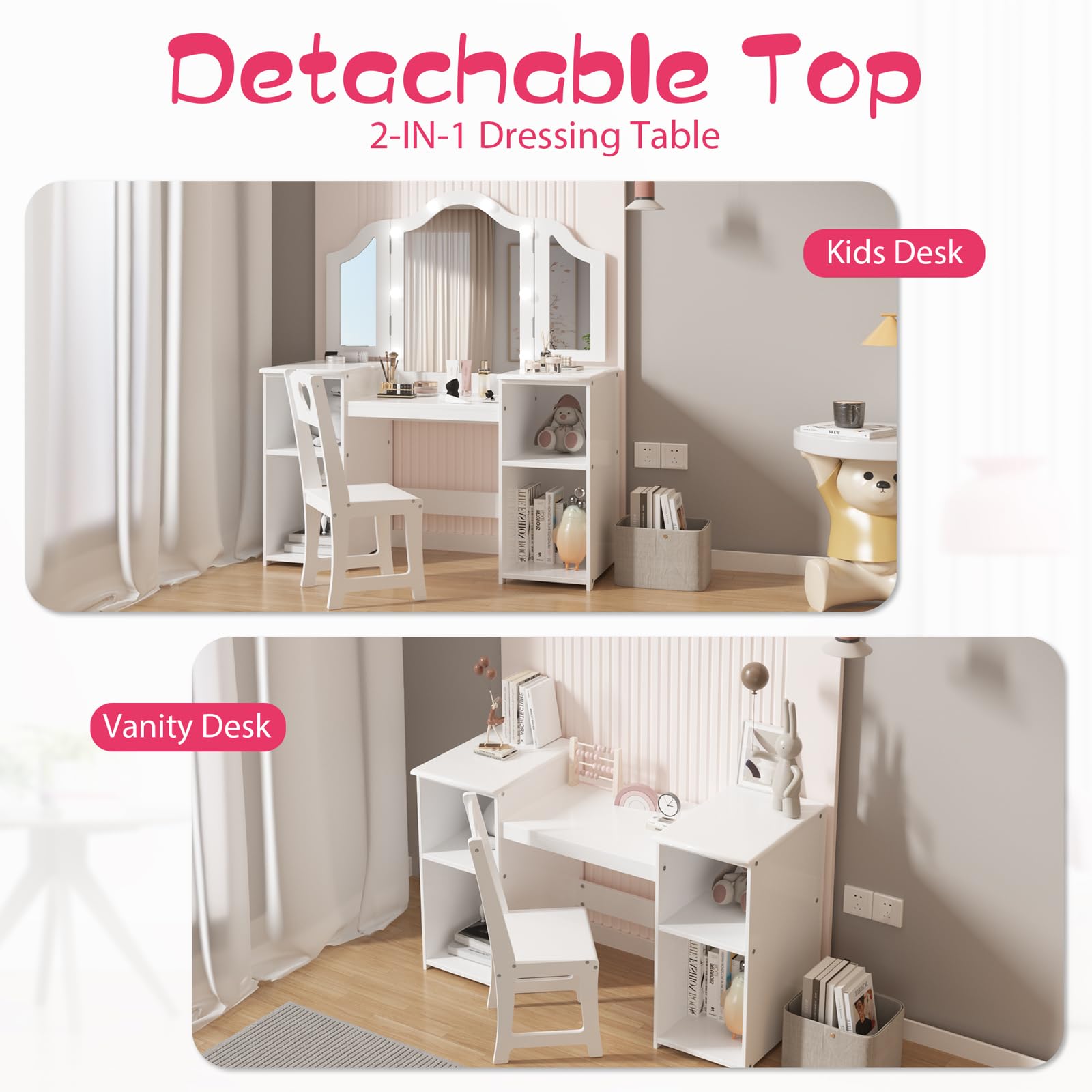Garvee Kids Vanity Table, Girls 2 in 1 Princess Makeup Desk with Touch Light Detachable Tri-Folding Mirror, Open Storage Shelves, Wood Makeup Playset with Chair, Princess Vanity Table for Little Girls