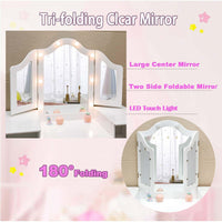 Garvee Kids Vanity Table, Girls 2 in 1 Princess Makeup Desk with Touch Light Detachable Tri-Folding Mirror, Open Storage Shelves, Wood Makeup Playset with Chair, Princess Vanity Table for Little Girls