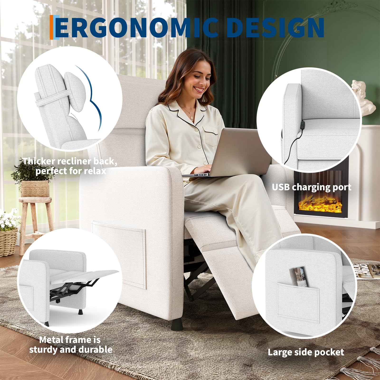 Garvee Power Recliner Chair for Adults, Electric Recliner Adjustable Backrest & Footrest, Ergonomic Overstuffed 1.5X Sponge Padding Durable Frame USB Port Living Room Home Theater, White
