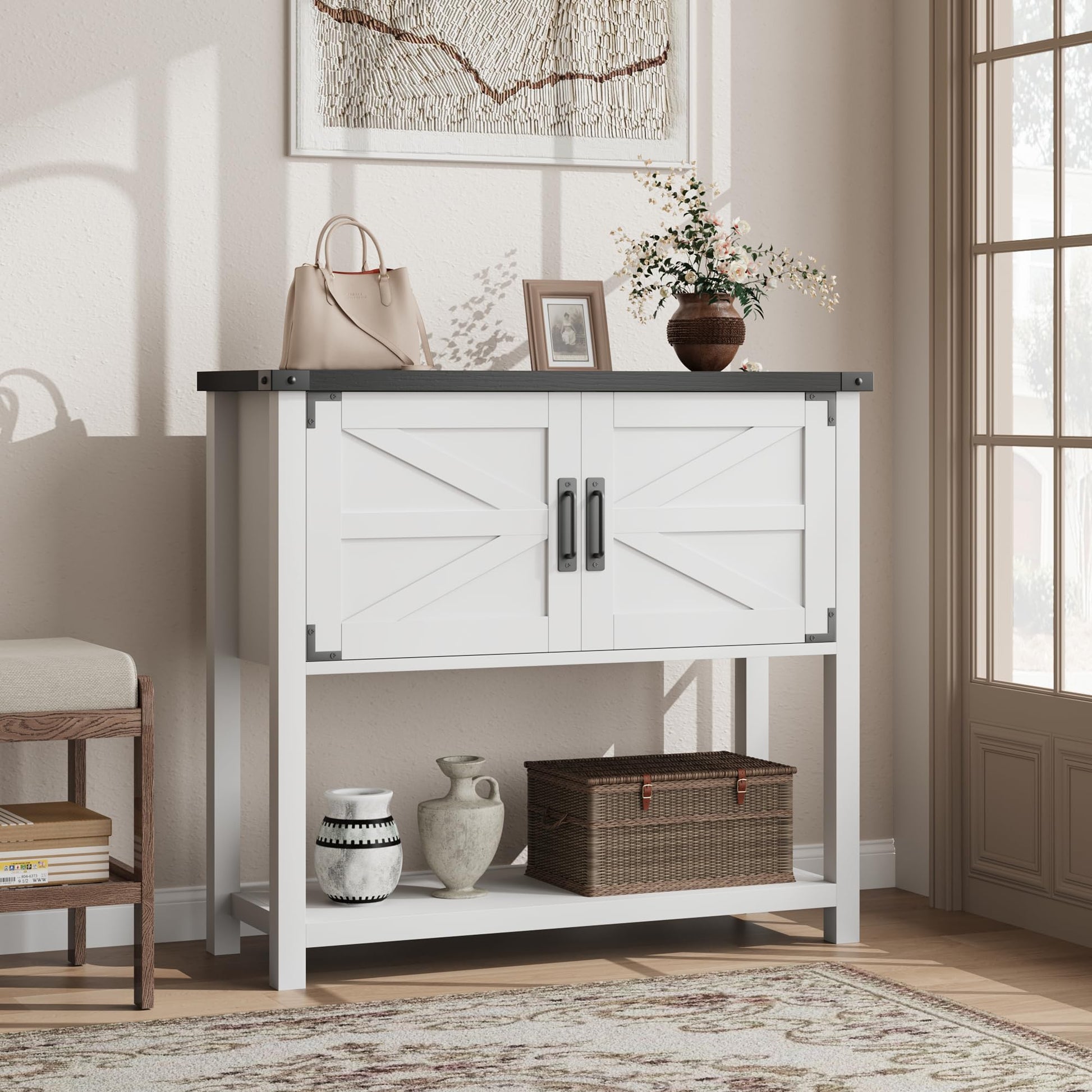 Garvee Farmhouse Entryway Table, Console Table with 2 Storage Cabinets, Coffee Bar Cabinet, Sofa Tables Buffet Sideboard for Kitchen, Hallway, Dining, Living Room-White