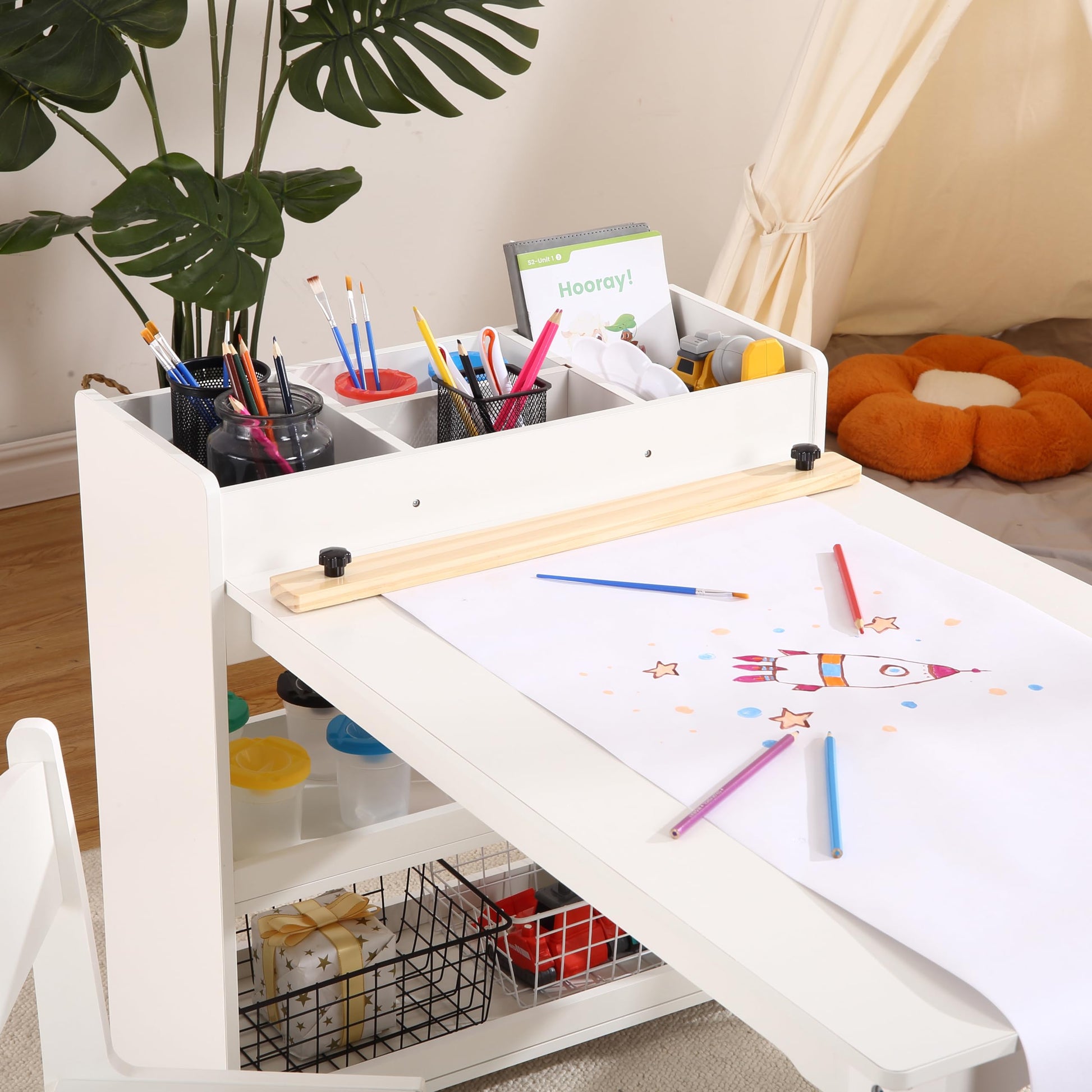 Garvee Kids Art Table with 2 Chairs, Toddler Craft Play Wood Activity Desk with Large Storage Shelves, Wood Activity Desk for Writing Drawing Suitable for Nursery & Classroom, White