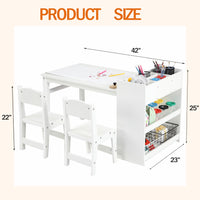 Garvee Kids Art Table with 2 Chairs, Toddler Craft Play Wood Activity Desk with Large Storage Shelves, Wood Activity Desk for Writing Drawing Suitable for Nursery & Classroom, White