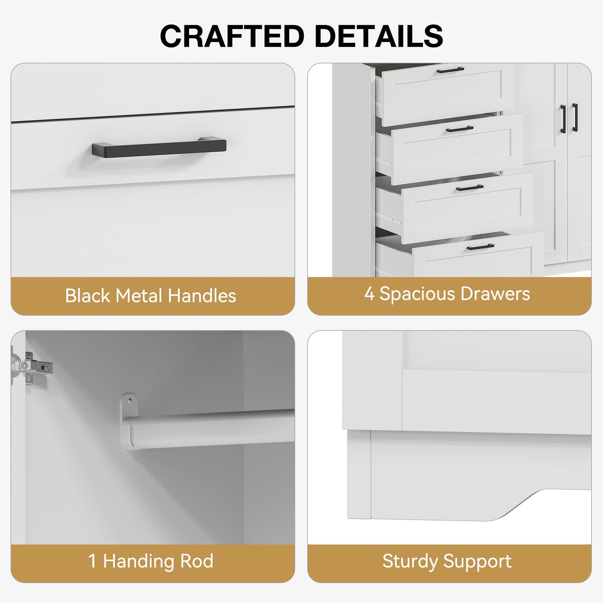 Garvee Multifunctional Wooden Dresser for Bedroom, 43.3'' H 2 Door Wardrobe Armoire Closet with 4 Drawers and Hanging Rod, Low Storage Cabinet for Hanging Cloth, White and Brown