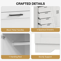 Garvee Multifunctional Wooden Dresser for Bedroom, 43.3'' H 2 Door Wardrobe Armoire Closet with 4 Drawers and Hanging Rod, Low Storage Cabinet for Hanging Cloth, White and Brown