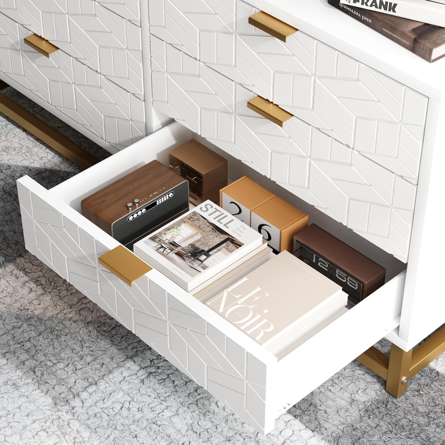 Garvee White 6 Drawer Dresser for Bedroom, Chest of Drawers with Metal Base, Modern Dresser Chest Cabinet Organizer, Large Dresser for Living Room, Hallway, Closet