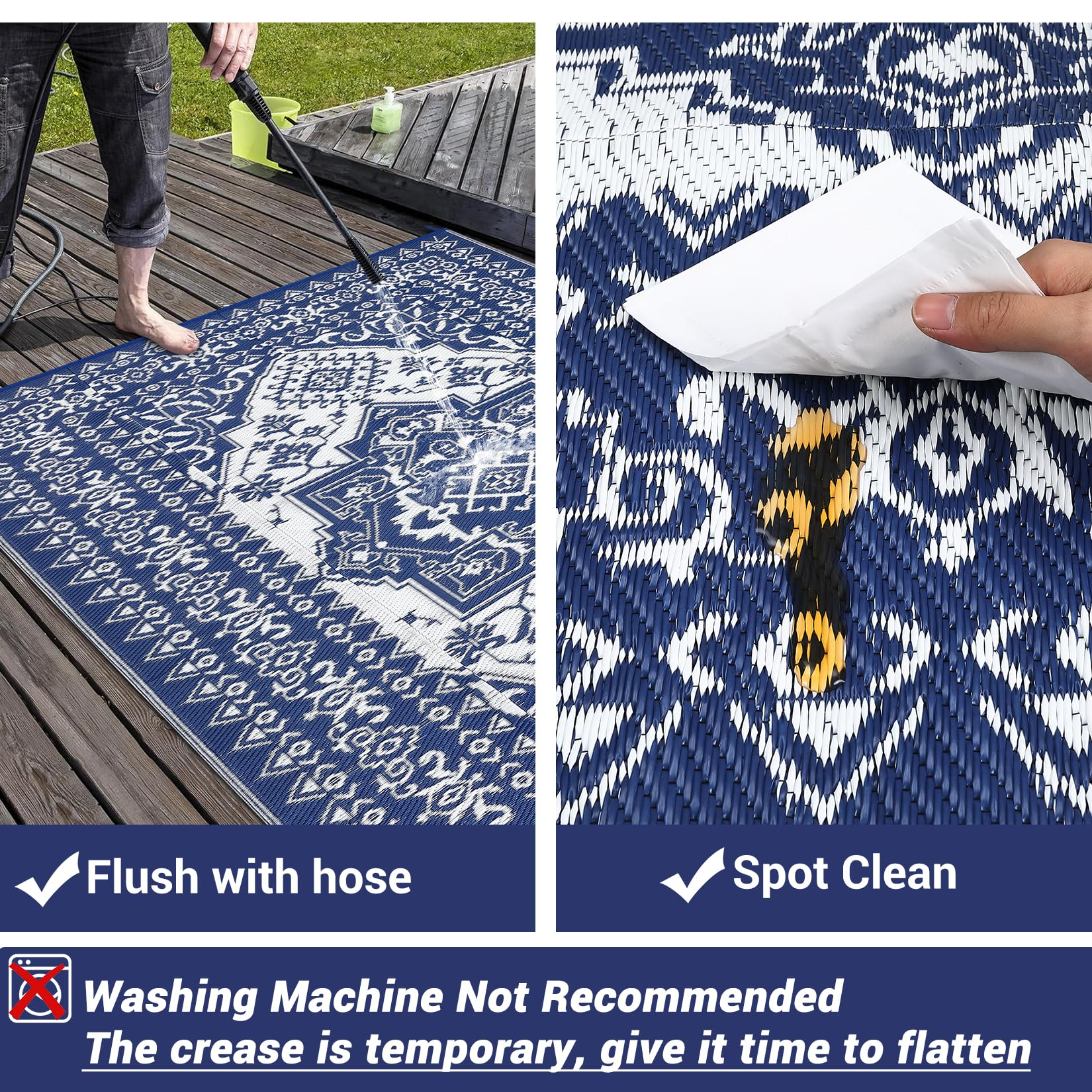 Garvee Outdoor Navy Blue & White 9x12 Plastic Straw Rug, Waterproof Stain Resistant Reversible Carpet for Camping, Backyard, RV, Patio