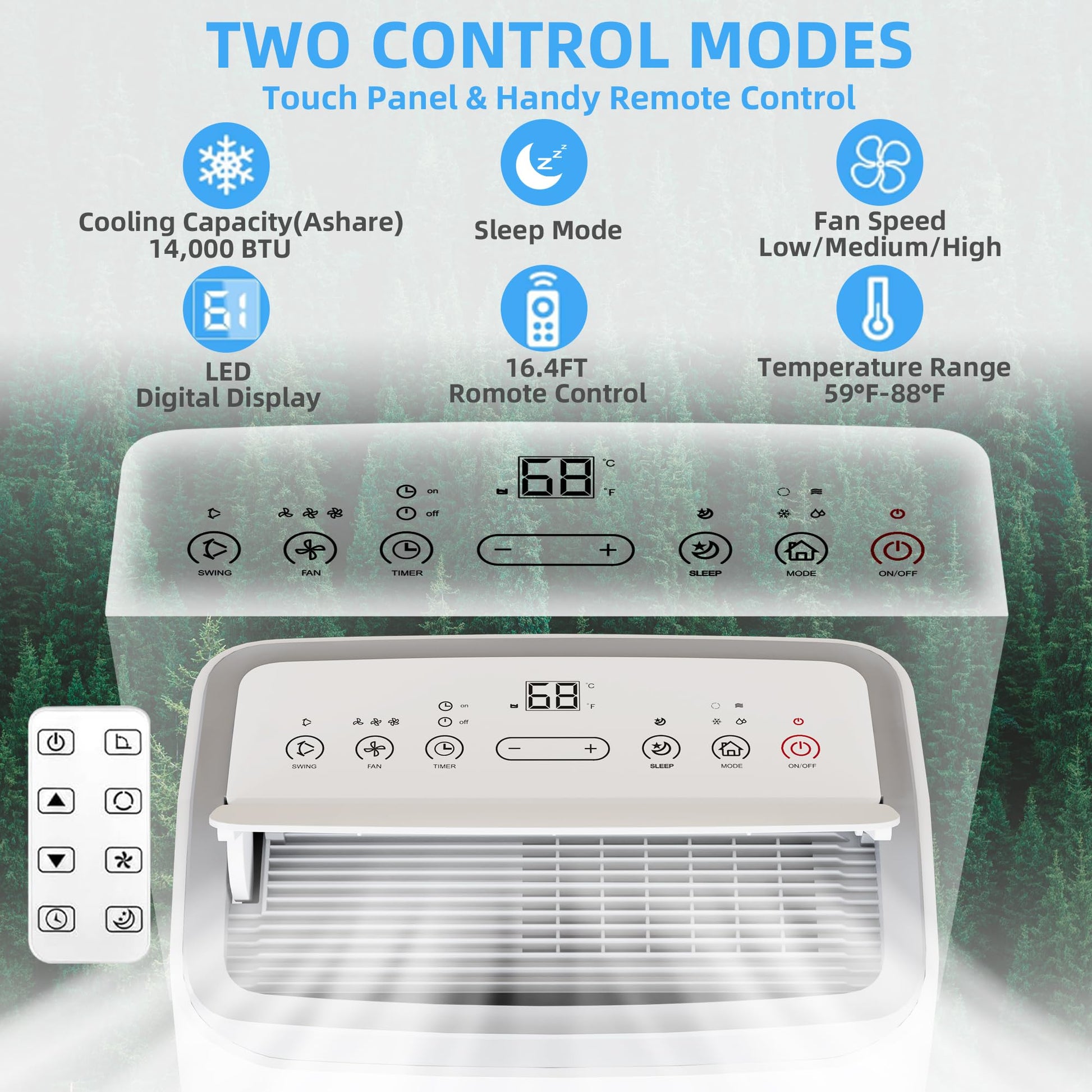 Garvee 14000 BTU Portable Air Conditioner 3-in-1 AC Unit Dehumidifier Fan Remote Control for Rooms Up to 700 Sq Ft Sleep Mode Timer - White