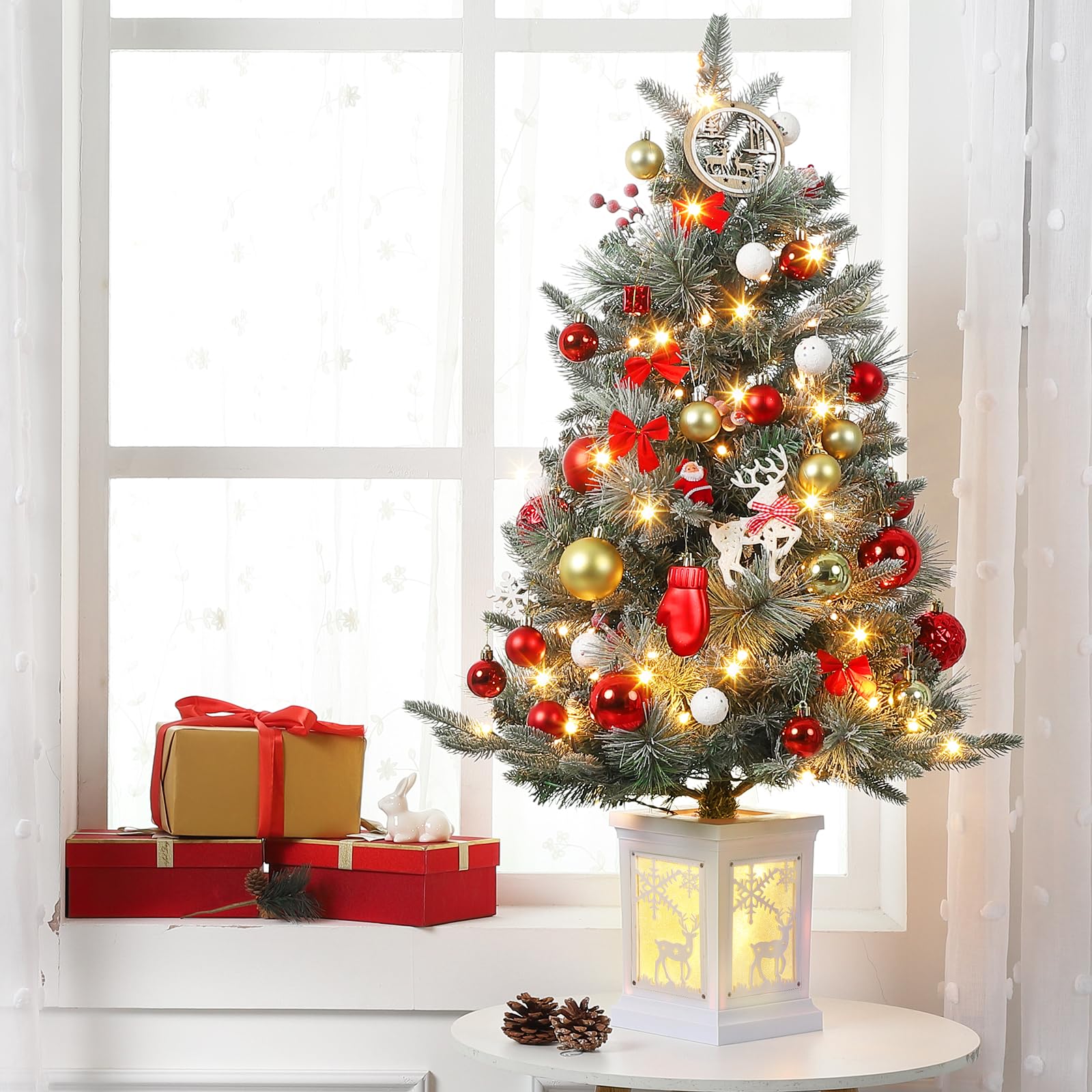 Garvee 3ft Pre-Lit Christmas Tree, Small Lighted Christmas Tree with Lighting Elk Base, Artificial Xmas Trees with 78 LED Lights & 8 Lighting Modes Christmas Decoration for Home, Office