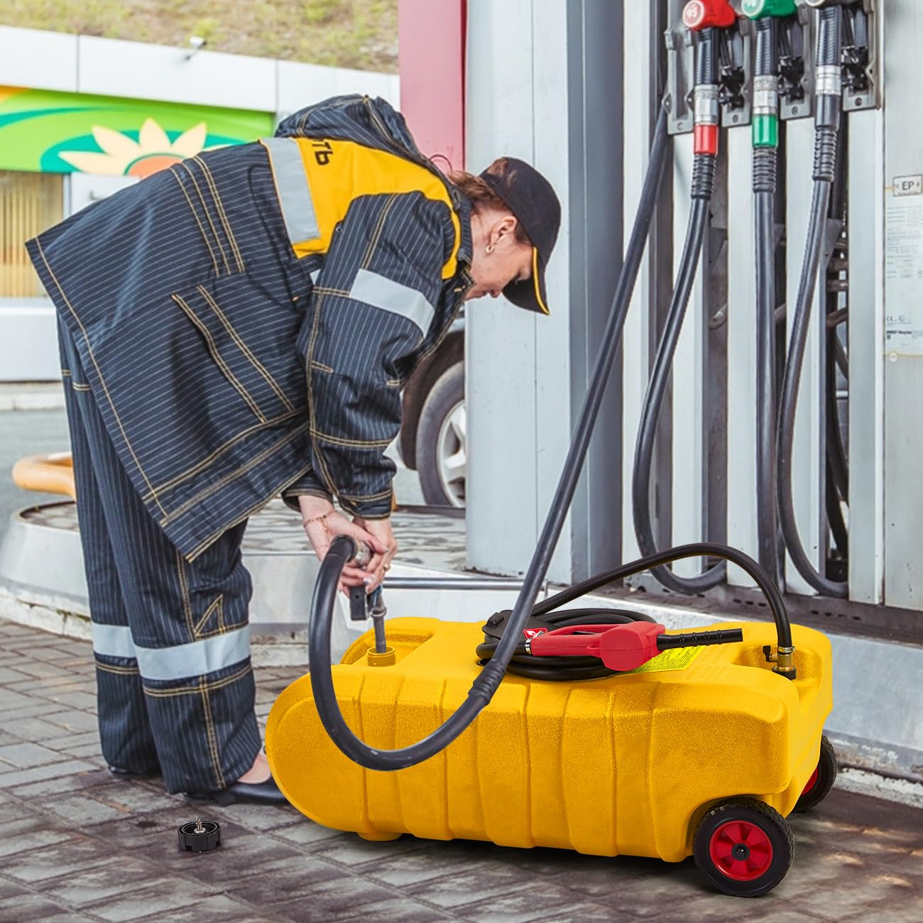 Garvee 15 Gallon Portable Fuel Caddy, 10-ft hose, siphon pump, 7.5 L/min manual nozzle, diesel/gasoline tank - Yellow