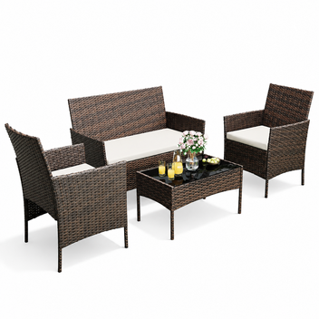 Garvee 4-Piece Rattan Patio Conversation Set, Gradient Brown Wicker Outdoor Sofa Set with Cream Cushions & Glass Table