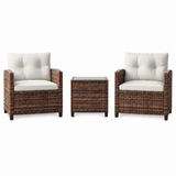 Garvee 3-Piece PE Rattan Patio Conversation Set, Outdoor Wicker Chairs with Cushions & Tempered Glass Table, Brown & Beige - Brown & Beige