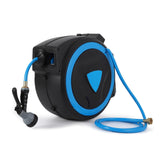 Garvee Retractable Garden Hose Reel, 5/8" x 90ft, Wall-Mounted with 180° Swivel Bracket, 9-Pattern Nozzle, Any Length Lock, Auto-Rewind Slow Return System - Blue
