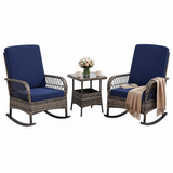 Garvee 3-Piece Patio Bistro Set with Swivel Rocking Chairs, All-Weather PE Rattan Outdoor Conversation Set with Glass Side Table & Blue Cushions for Porch, Patio, Garden, Backyard, Balcony – Brown Rattan - Brown Rattan & Blue Cushion