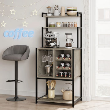 Garvee 5-Tier Wine Baker Rack with Glass Holder & Wine Storage, Standing Metal Organizer Shelf Industrial Wine Display Shelf Wine Bar Cabinet for Dining Room Bar (Grey)
