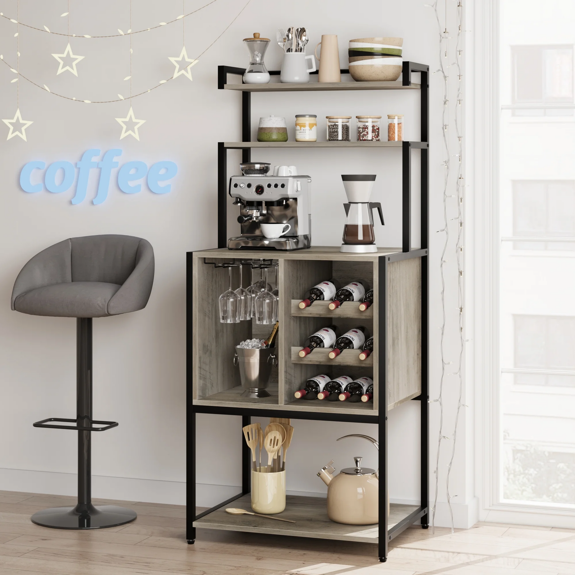 Garvee 5-Tier Wine Baker Rack with Glass Holder & Wine Storage, Standing Metal Organizer Shelf Industrial Wine Display Shelf Wine Bar Cabinet for Dining Room Bar (Grey)